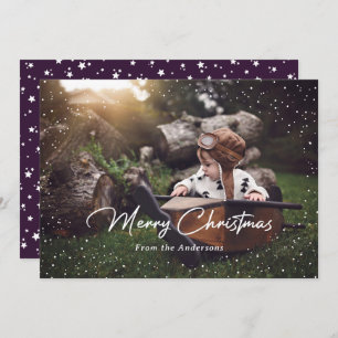 Custom Purple Snow Stars Photo Christmas Cards