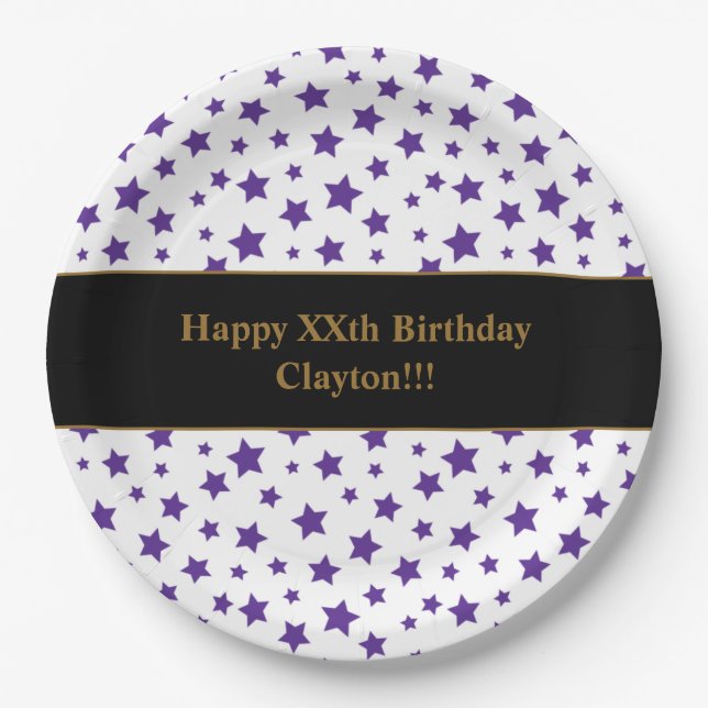Custom Purple Stars With Message Birthday Party Paper Plate (Front)