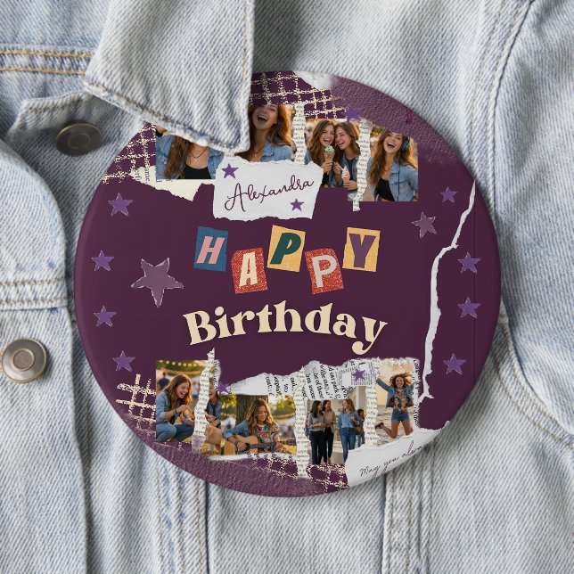 Custom Purple Teen Girl Birthday Photo Collage  6 Cm Round Badge (In Situ)