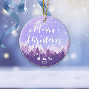 Custom Purple Tone Snow & Forest Merry Christmas Ceramic Tree Decoration