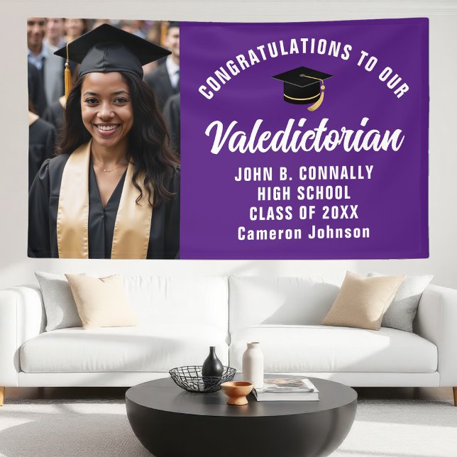 Custom Purple Valedictorian Photo Graduation Party Banner (Creator Uploaded)