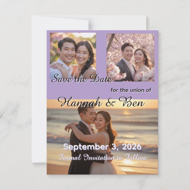 Custom Purple Wedding Save the Date (Front)