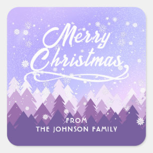 Custom Purple White Snow Peaceful Forest Christmas Square Sticker