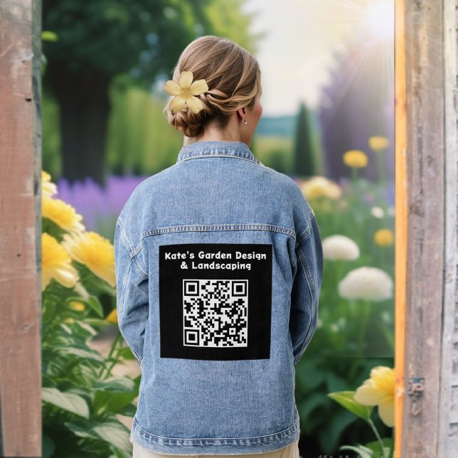 Custom QR Code Black White Scan Business Barcode Denim Jacket (A denim jacket, personalized with your business name and scannable QR code on the back)