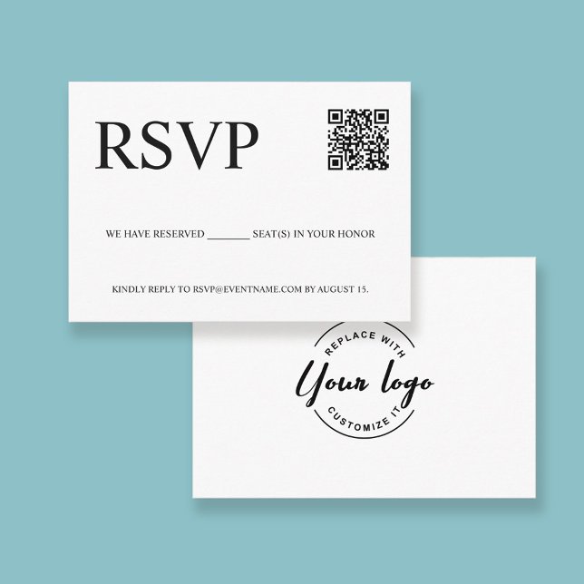 Custom QR Code Business logo Email RSVP  Enclosure Card (Front and back preview of RSVP email response enclosure cards with QR code and logo)