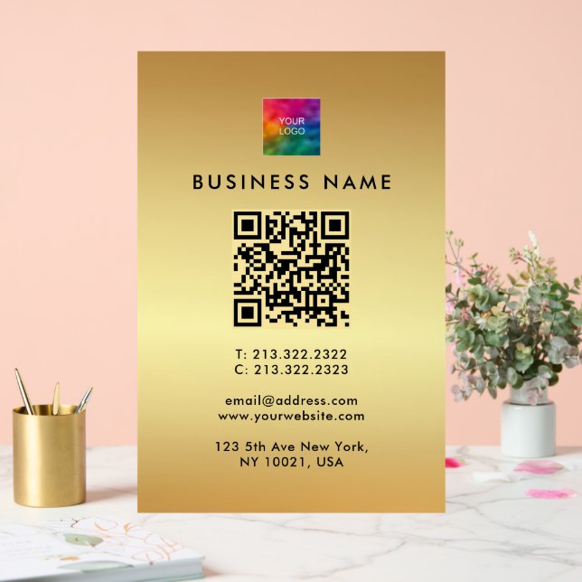 Custom QR Code Company Logo Gold Template Glam Acrylic Sign (Wedding)