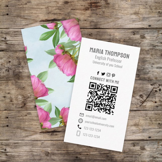 Custom QR Code Elegant Botanical Floral Peonies Business Card (Creator Uploaded)