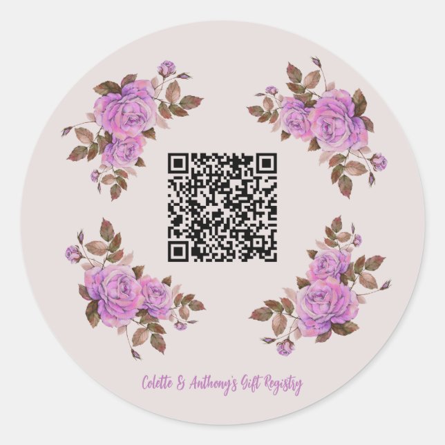 Custom QR Code Floral Frame Wedding Gift Registry Classic Round Sticker (Front)