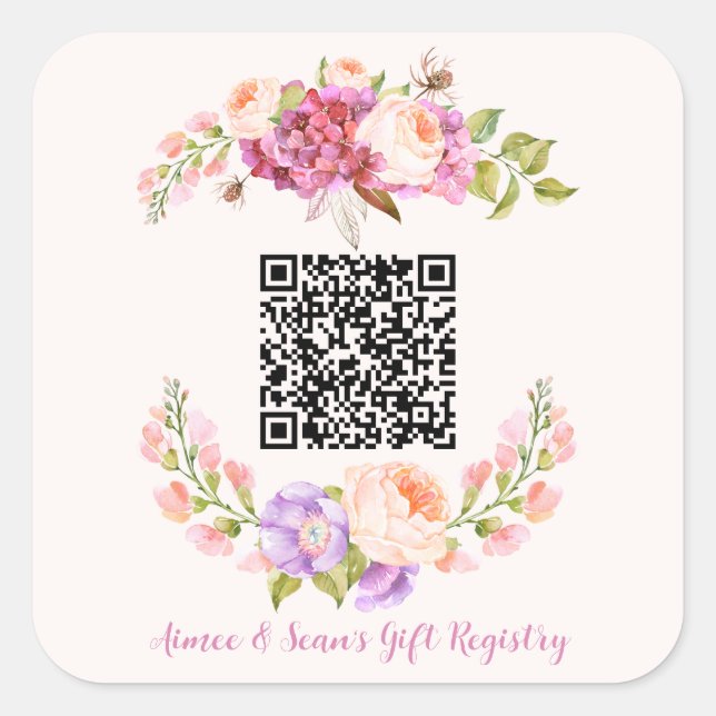 Custom QR Code Floral Frame Wedding Gift Registry Square Sticker (Front)