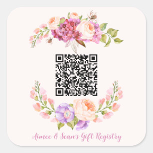 Custom QR Code Floral Frame Wedding Gift Registry Square Sticker
