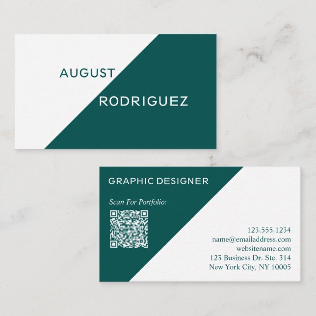 Custom QR Code Geometric Teal White Business Card (Front/Back)