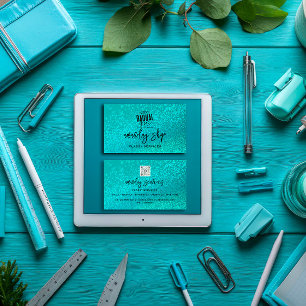 Custom Qr Code Logo Social Media Glitter Teal Business Card