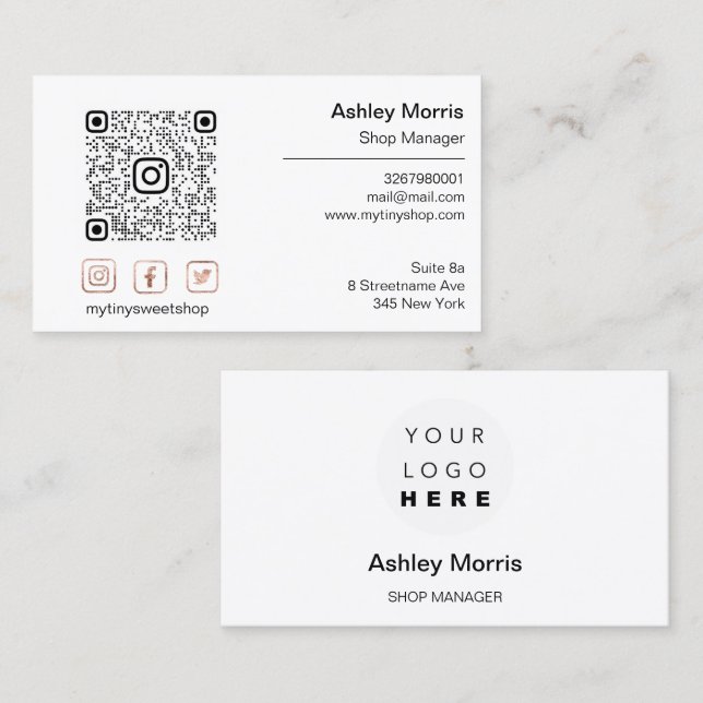 Custom QR Code Logo Social Online Shop White Rose Business Card (Front/Back)