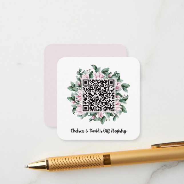 Custom QR Code Magnolia Flower Frame Gift Registry Enclosure Card (Front/Back In Situ)