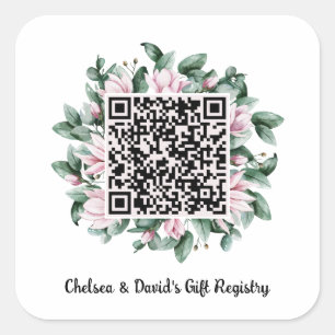 Custom QR Code Magnolia Flower Frame Gift Registry Square Sticker