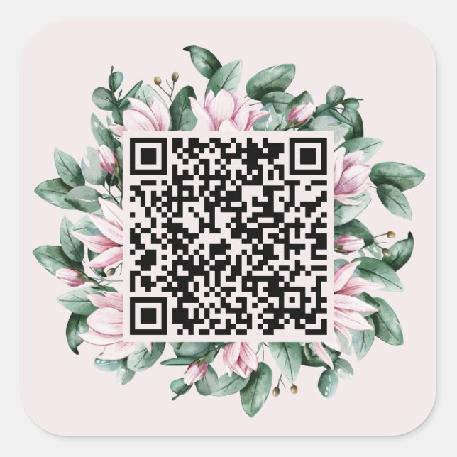 Custom QR Code Magnolia Flower Frame Wedding Square Sticker (Front)
