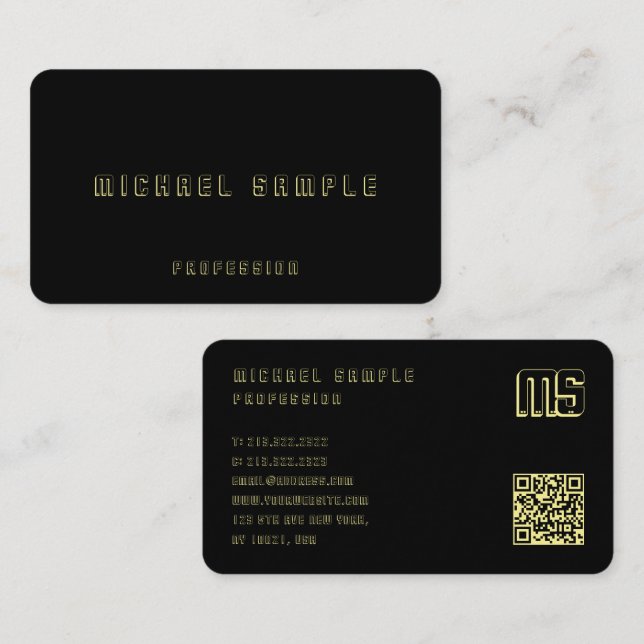 Custom QR Code Monogram Elegant Black And Gold Business Card (Front/Back)