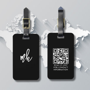 Custom QR code Monogram Minimal Black and White Luggage Tag