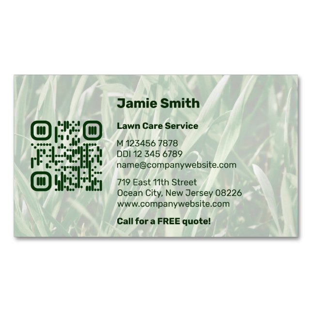 Custom QR Code Photo Green Lawn Care Magnetic Business Card (Front)