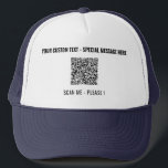 Custom QR Code Scan Info and Text Trucker Hat<br><div class="desc">Custom Font and Colours Trucker Hat with Your QR Code Scan Info Text Personalised Promotional Business or Personal Modern Hats / Gift - Add Your QR Code - Image or Logo - photo / Text / more - Resize and Move or Remove / Add Elements - Image / Text with...</div>