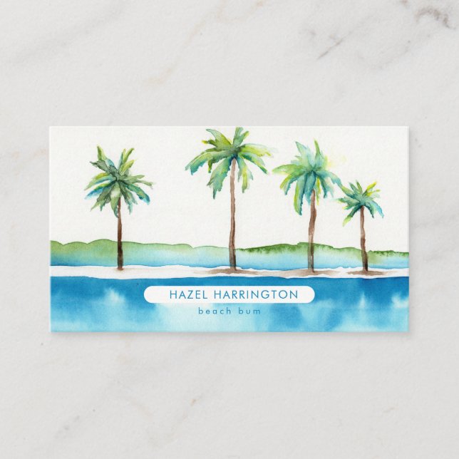 Custom QR Code Scannable Palm Trees Tropical Ocean Business Card (Front)