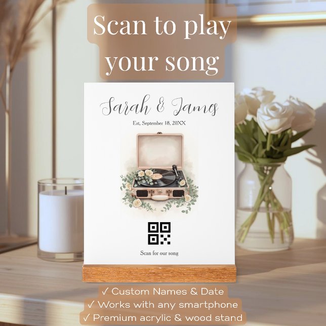 Custom QR Code Wedding Song Anniversary Gift Acrylic Sign (Personalized QR code acrylic block with vintage vinyl record design, blush pink background, gold foi)