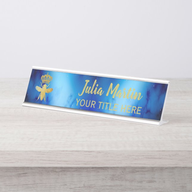 Custom QUEEN BEE Aesthetic Blue Nameplate Holder Desk Name Plate (Front)