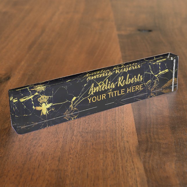 Custom QUEEN BEE Gold Black Marble Holder Nameplate (Side)