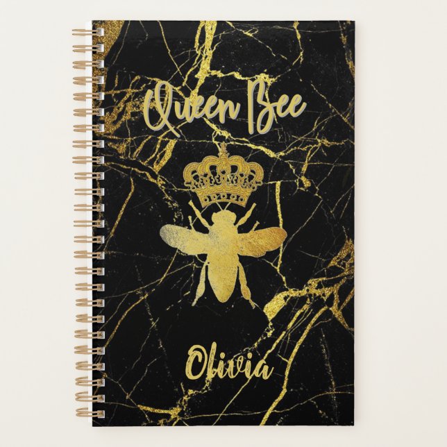 Custom QUEEN BEE Gold Black Marble Undated Monthly Planner (Front)