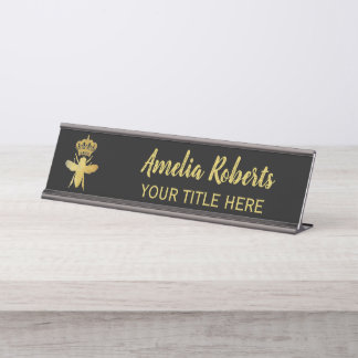 Custom QUEEN BEE Gold Black Nameplate Holder Desk Name Plate