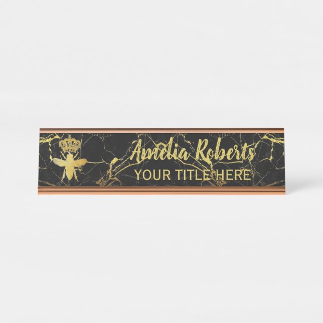 Custom QUEEN BEE GoldBlack Marble Nameplate Holder Desk Name Plate (Front)