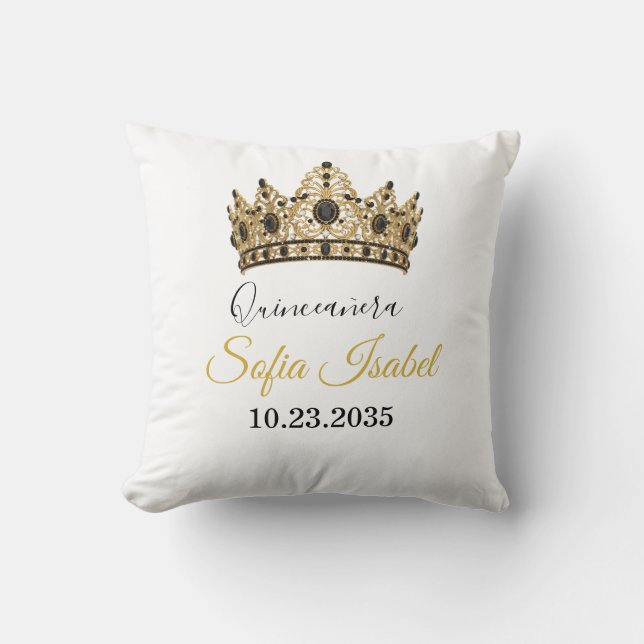 Custom Quinceañera Gold Tiara Throw Pillow (Front)
