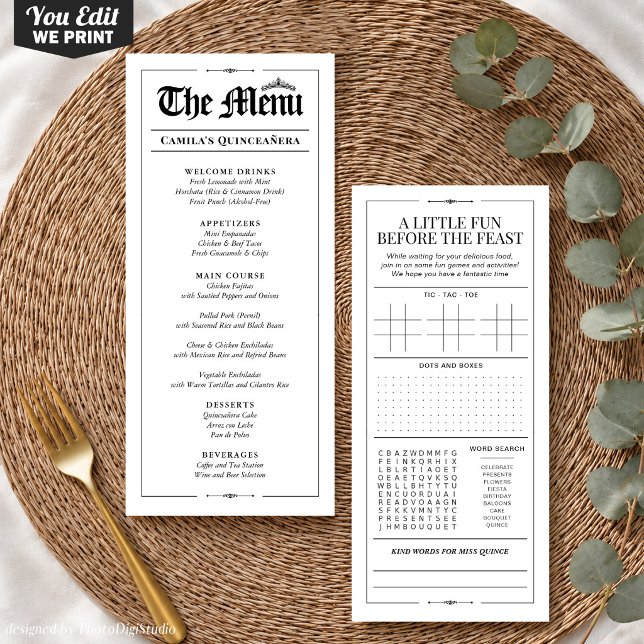 Custom Quinceañera Menu, Black White Interactive Menu (Custom Quinceañera Menu, Black White Interactive Menu)