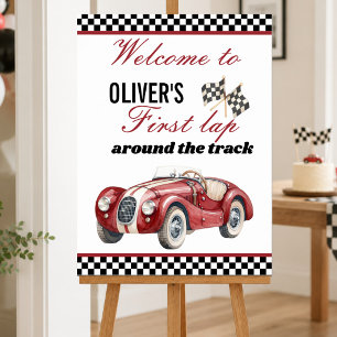 Custom Race Car 1st Birthday Welcome Red Vintage Poster