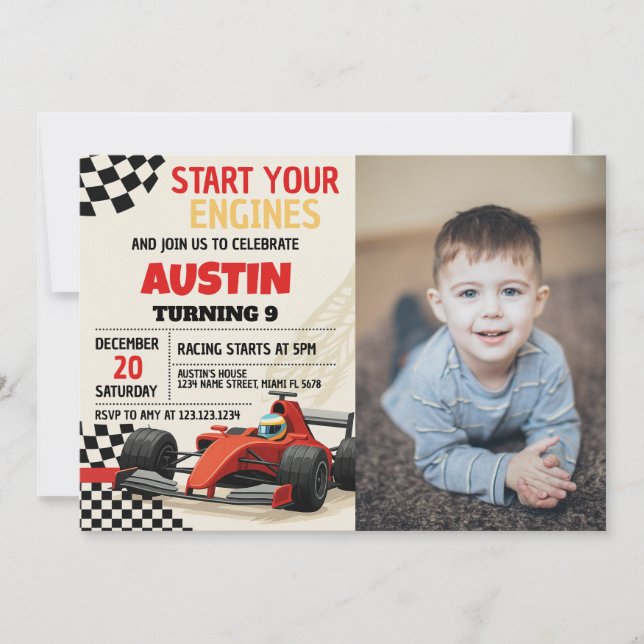 Custom Racing Party Invite for Kids with photo (Front)