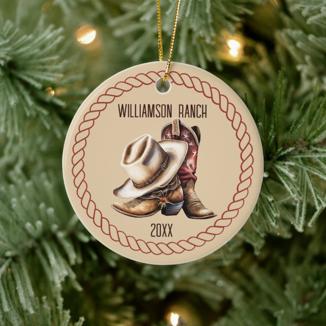 Custom Ranch Cowboy Boots And Hat With Rope Ceramic Tree Decoration (Tree)
