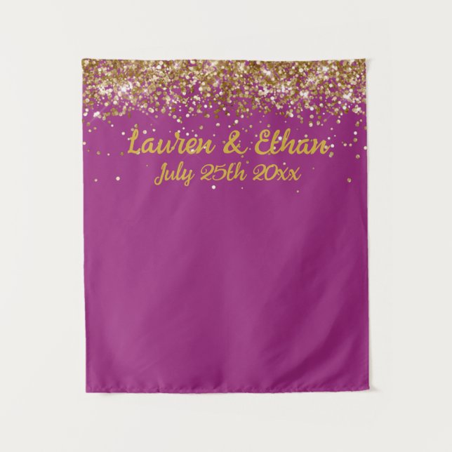 Custom Raspberry Gold Glitter Wedding Photo Booth Tapestry (Front)