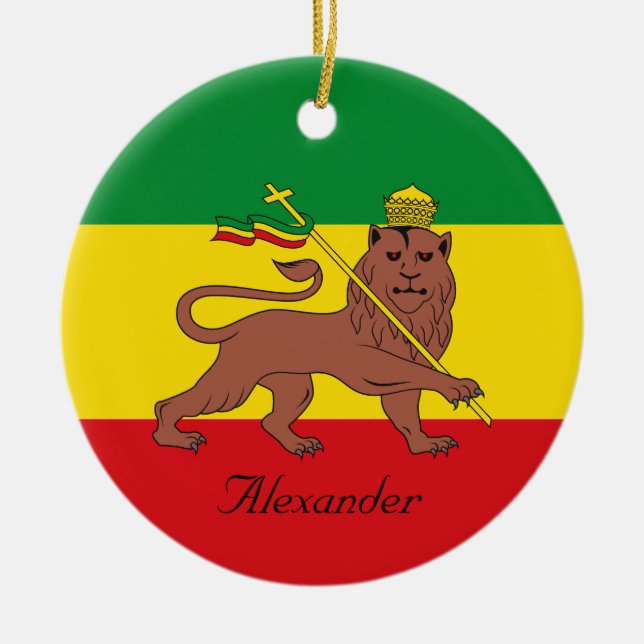 Custom Rastafarian Flag of Ethiopia Lion of Judah Ceramic Tree Decoration (Front)