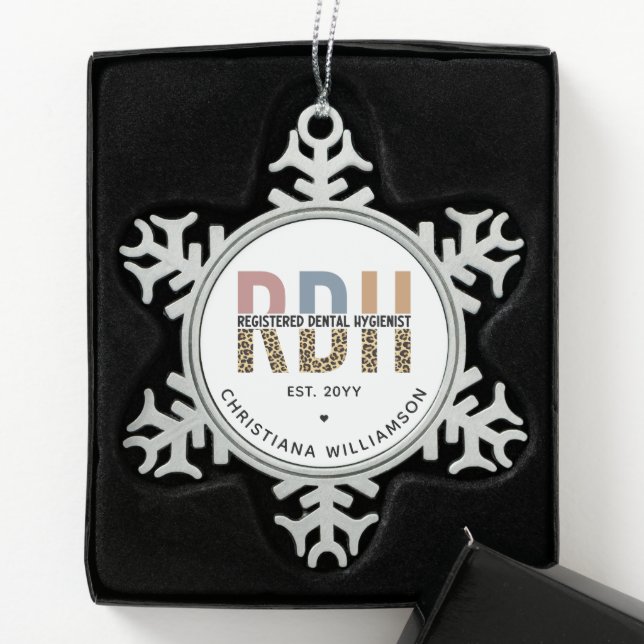 Custom RDH Registered Dental Hygienist Gifts Snowflake Pewter Christmas Ornament (Box)