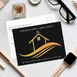 Custom Real Estate Company Black Gold Marketing Postcard<br><div class="desc">This chic real estate company marketing postcard is custom made with your realty company and agent name. This classy black and gold realtor advertisement features a pretty house with a weather vane on top and sleek curves underneath. Personalise these business promotion postcards with your own information.</div>