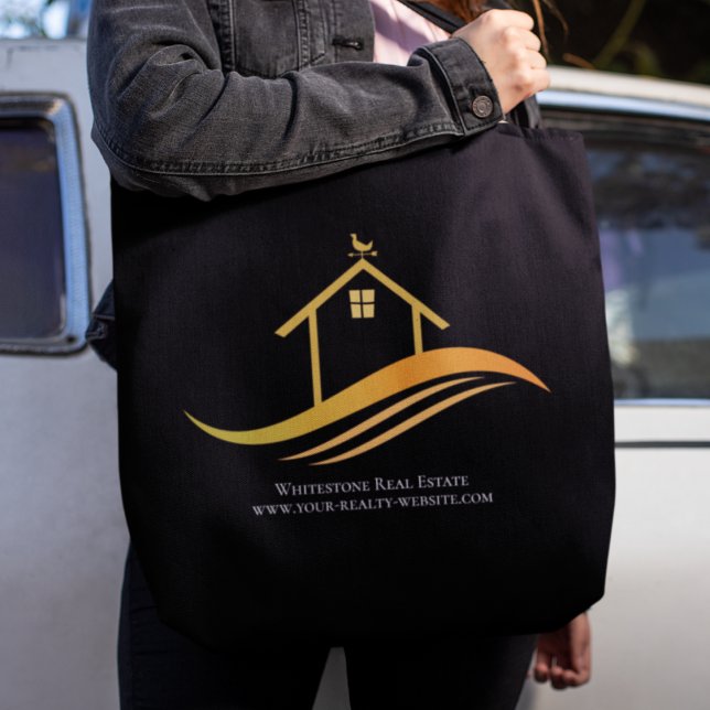Custom Real Estate Company Chic Black Gold Realtor Tote Bag (Creator Uploaded)