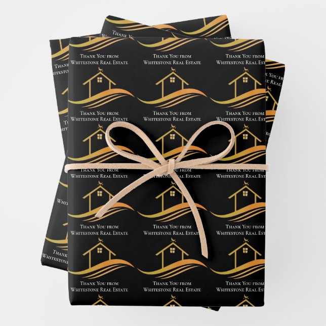 Custom Real Estate Company Chic Black Gold Realtor Wrapping Paper Sheet (In situ)