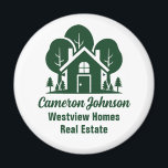 Custom Real Estate Company Green Forest House Magnet<br><div class="desc">This forest real estate company magnet is perfectly customised for a realtor who specialised in houses near the wilderness or woodlands. The green silhouette of trees behind a log cabin home and personalised with your agent and realty business name for marketing in the backwoods.</div>
