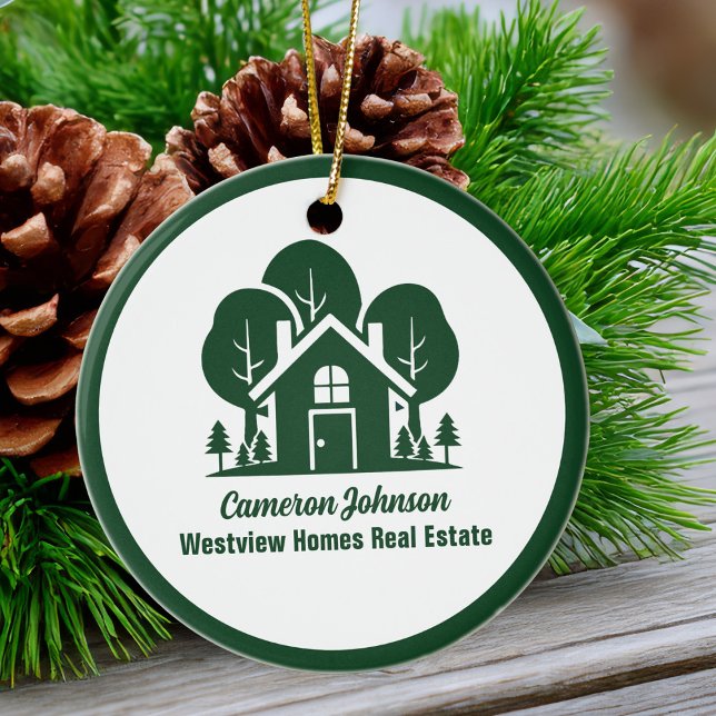Custom Real Estate Company Green Home Christmas Ceramic Tree Decoration (Creator Uploaded)