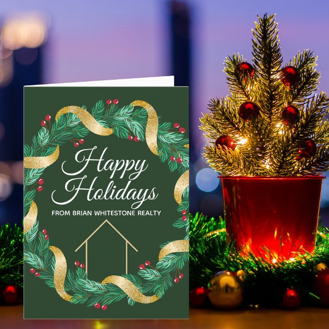 Custom Real Estate Company Happy Holidays Green Holiday Card (Creator Uploaded)