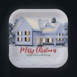 Custom Real Estate Company Winter Christmas Party Paper Plate<br><div class="desc">This beautiful custom real estate Christmas party paper plate is perfect for a realty company located up north. Gorgeous white snow lines the trees and house on this winter holiday decor. A realtor can keep Merry Christmas in red and green script or customise with their own seasons greetings.</div>