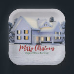 Custom Real Estate Company Winter Christmas Party Paper Plate<br><div class="desc">This beautiful custom real estate Christmas party paper plate is perfect for a realty company located up north. Gorgeous white snow lines the trees and house on this winter holiday decor. A realtor can keep Merry Christmas in red and green script or customise with their own seasons greetings.</div>