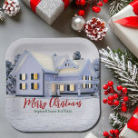 Custom Real Estate Company Winter Christmas Party Paper Plate<br><div class="desc">This beautiful custom real estate Christmas party paper plate is perfect for a realty company located up north. Gorgeous white snow lines the trees and house on this winter holiday decor. A realtor can keep Merry Christmas in red and green script or customise with their own seasons greetings.</div>