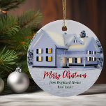 Custom Real Estate Company Winter House Christmas Ceramic Tree Decoration<br><div class="desc">This beautiful custom real estate Christmas ornament is perfect for a realty company located up north. Gorgeous white snow lines the trees and house on this winter holiday gift. A realtor can keep Merry Christmas in red and green script or customise with their own seasons greetings.</div>