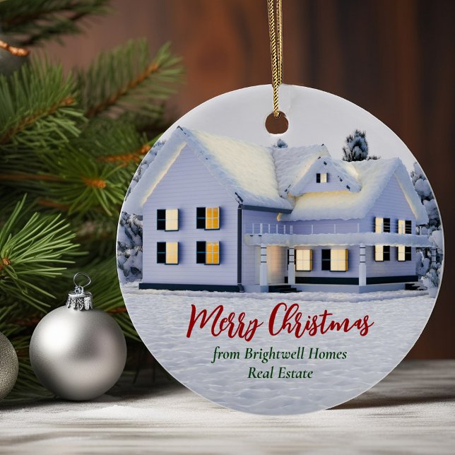 Custom Real Estate Company Winter House Christmas Ceramic Tree Decoration (Creator Uploaded)